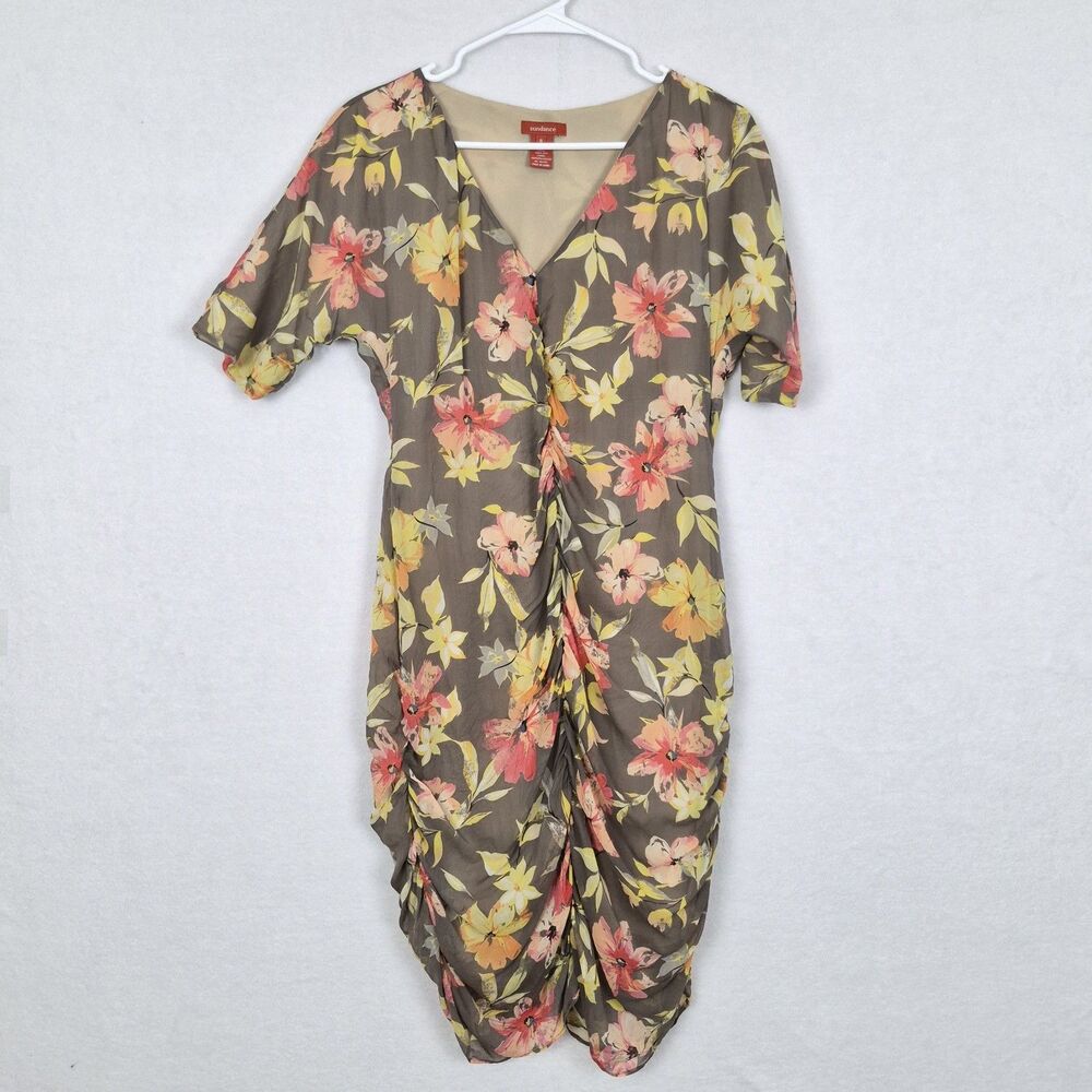 Sundance Dress Womens 8 Multicolor Silk V Neck Floral Print Ruched Semi Sheer
